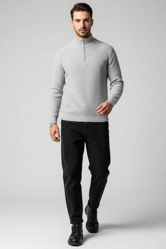 كنزة رجالية رمادية بنسيج نحاسي محاك بسحاب نصف مفتوح