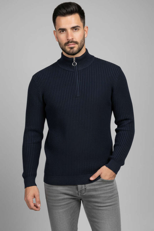 Herrenpullover mit halbem Reißverschluss und Reismuster, marineblau