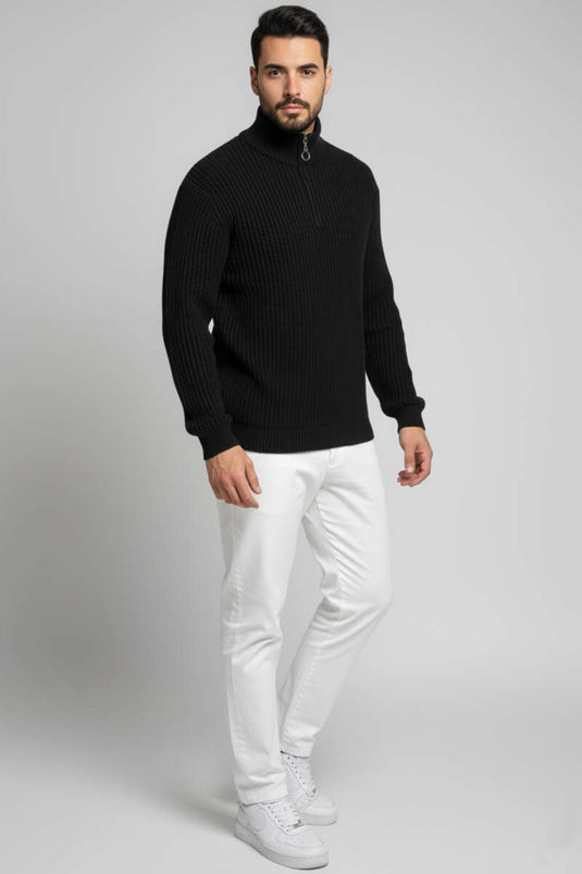 Half-Zip Rice Stitch Men's Sweater, Black