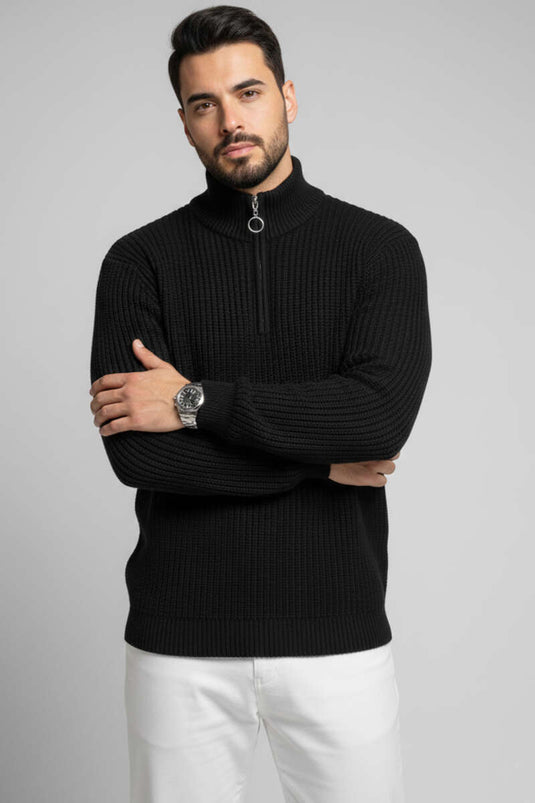 Half-Zip Rice Stitch Men's Sweater, Black