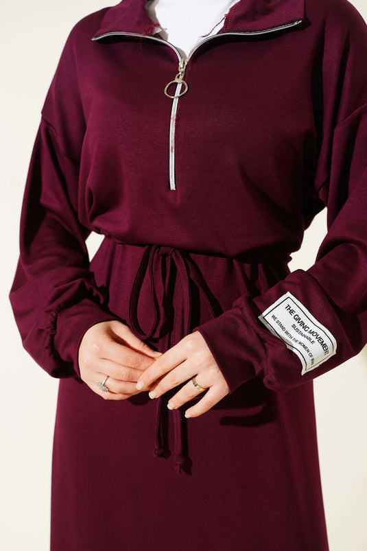 Half-Zip Embellished Loisha Dress, Burgundy