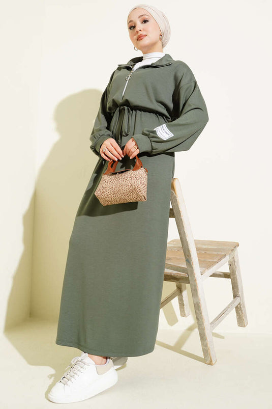 Half-Zip Embellished Loisha Dress, Khaki