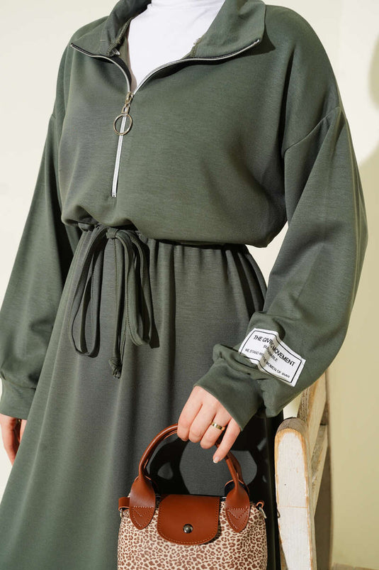 Half-Zip Embellished Loisha Dress, Khaki