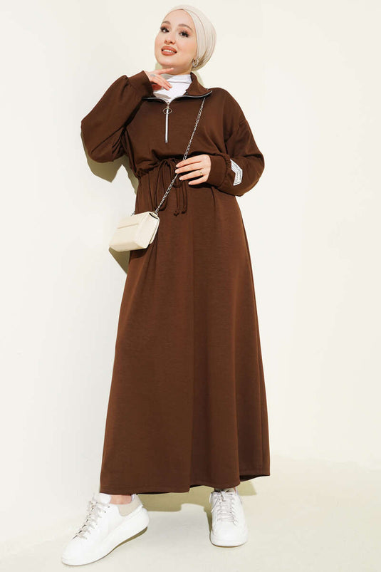 فستان لويشا مزين بنصف سحاب، بني