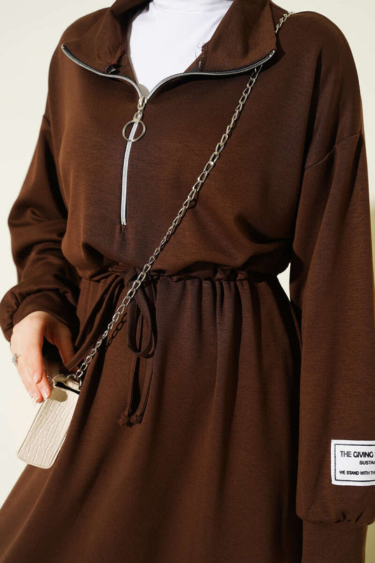 فستان لويشا مزين بنصف سحاب، بني