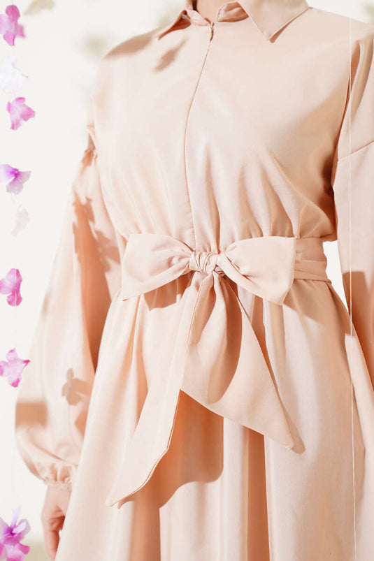 Halbreißverschluss Ballon Col Tercotton Elbise Beige