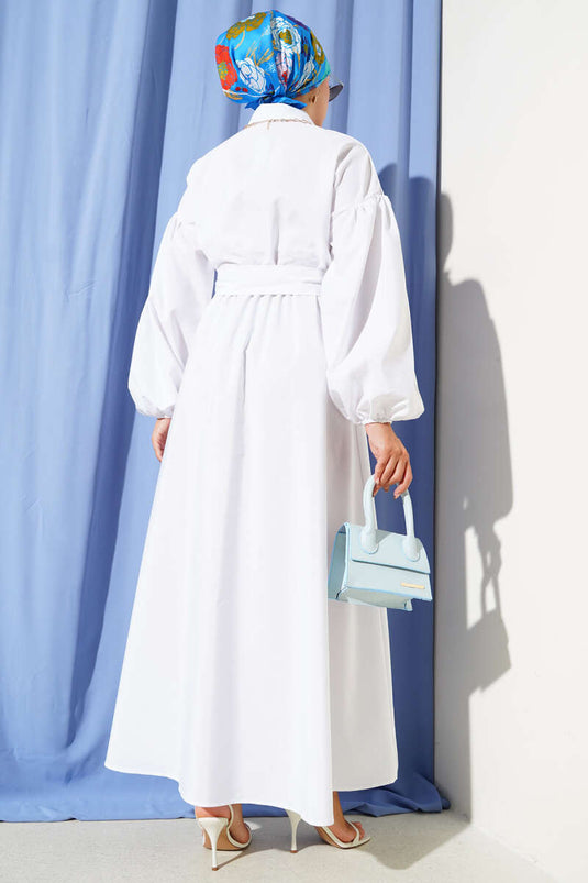 Robe Terikoton blanche à manches ballon et demi-fermeture éclair