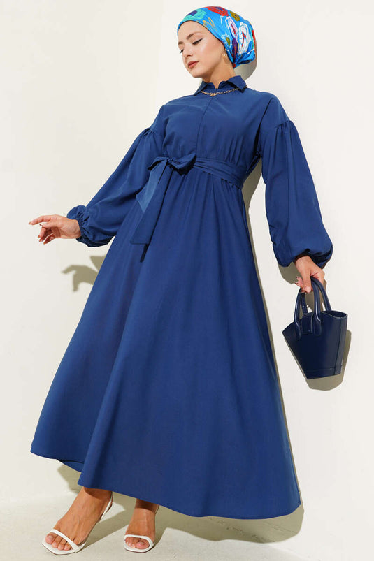 Half Zippered Balloon Sleeve Terikoton Dress Navy Blue