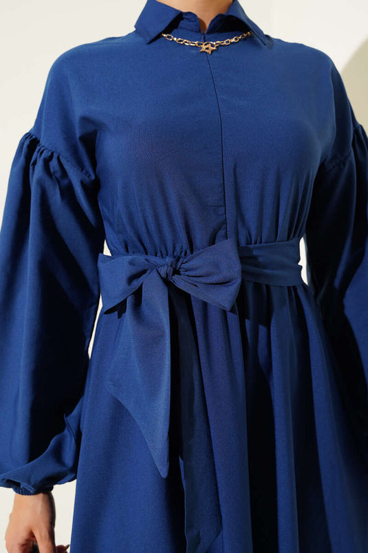 Half Zippered Balloon Sleeve Terikoton Dress Navy Blue