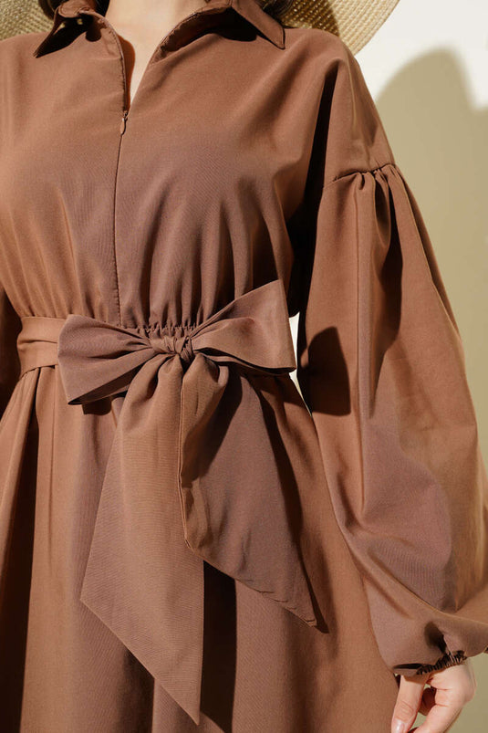 Abito Terikoton con maniche a palloncino e mezza cerniera color latte