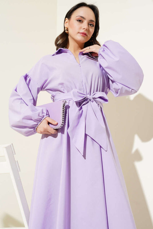 Robe Terikoton à manches ballon et demi-fermeture éclair, lilas