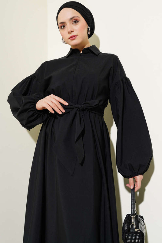 Robe Terikoton noire à manches ballon et demi-fermeture éclair