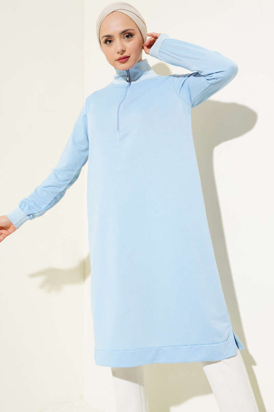 Half Zippered Basic Long Tunic Ice Blue