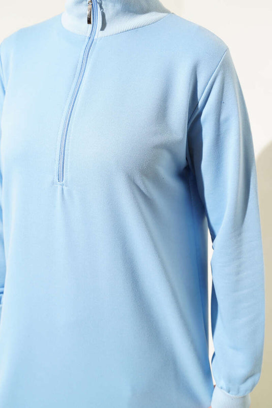 Half Zippered Basic Long Tunic Ice Blue