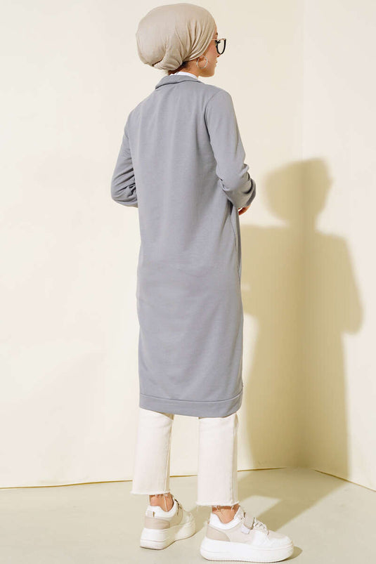 Tunique Longue Basique Demi-Zip Gris Ardoise