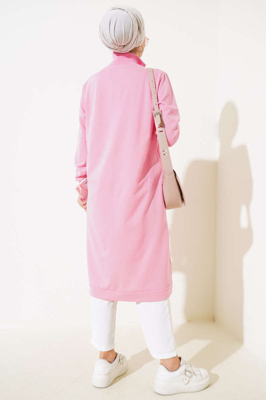 Half Zippered Basic Long Tunic Pink