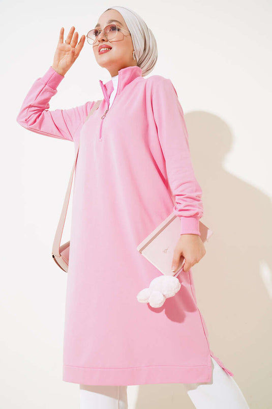 Half Zippered Basic Long Tunic Pink