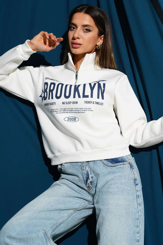 Yarım Fermuarlı Baskılı Üç İplik Sweat Ekru