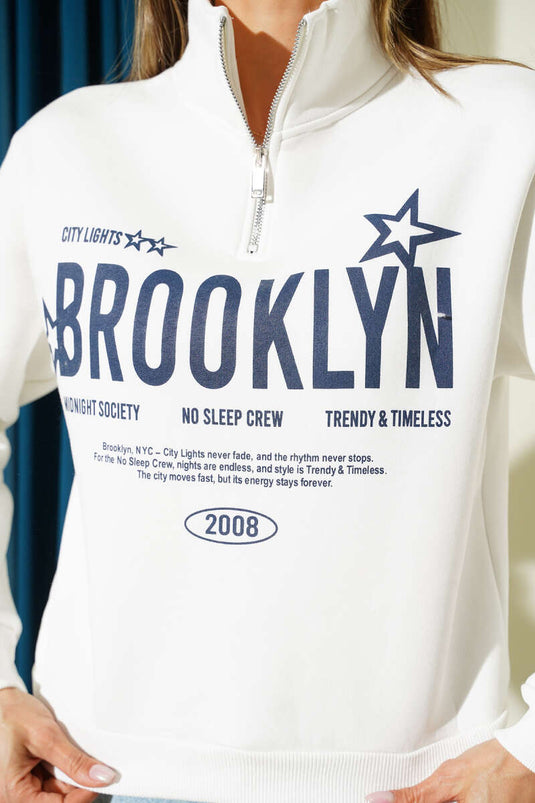 Yarım Fermuarlı Baskılı Üç İplik Sweat Ekru