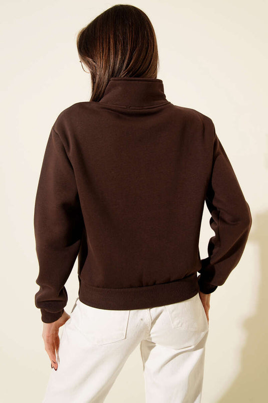 Sweat à trois fils imprimé à demi-fermeture éclair marron