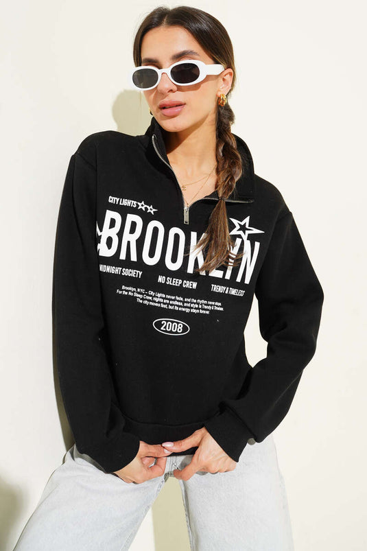 Yarım Fermuarlı Baskılı Üç İplik Sweat Siyah