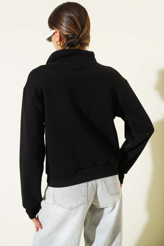 Yarım Fermuarlı Baskılı Üç İplik Sweat Siyah