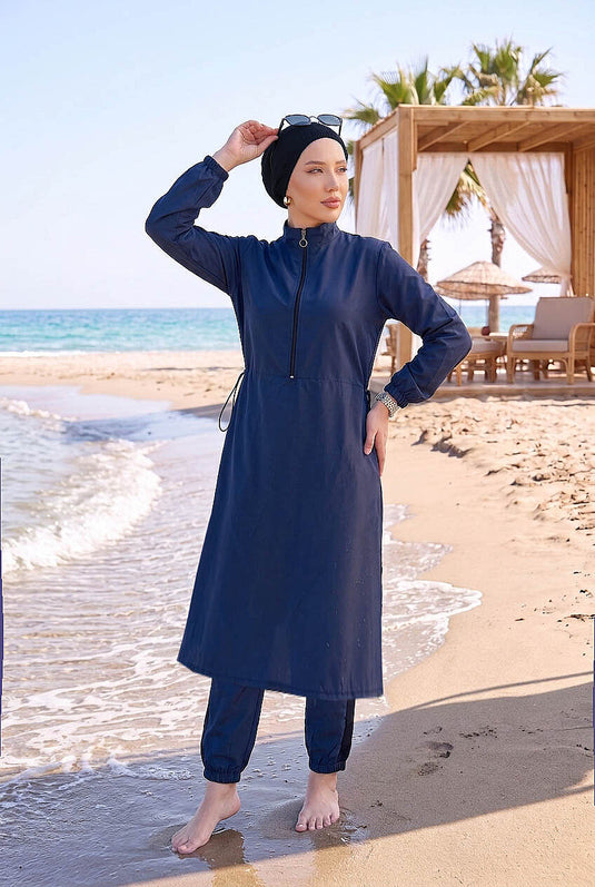 Traje De Baño Modesto Con Media Cremallera Y Cintura Ajustable Azul Marino