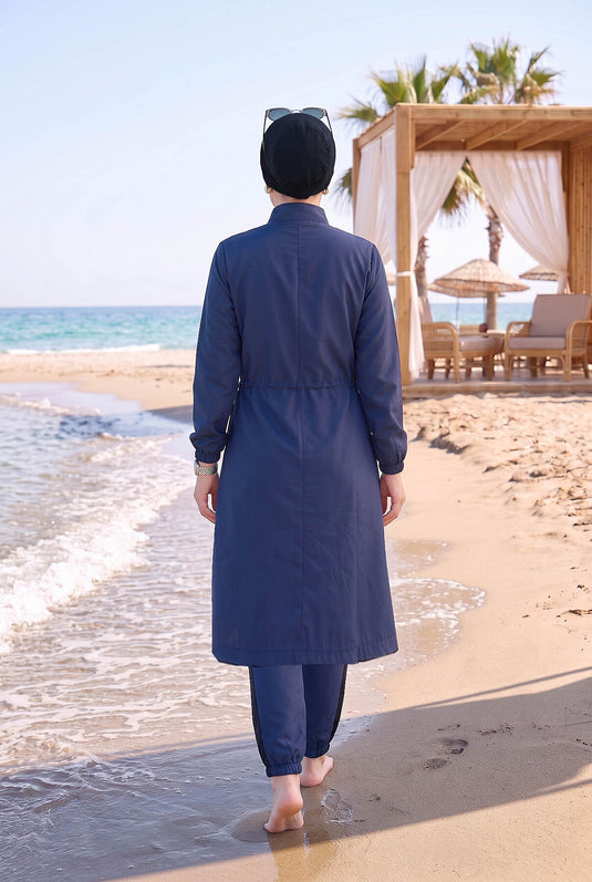 Halve Rits Verstelbare Taille Modest Zwemkostuum Navy