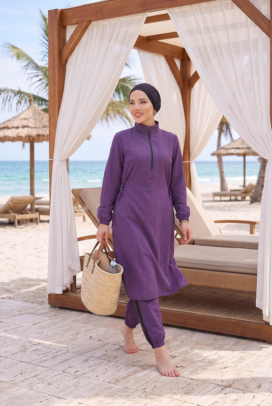 Half Zipper Adjustable Waist Modest Swimsuit Purple