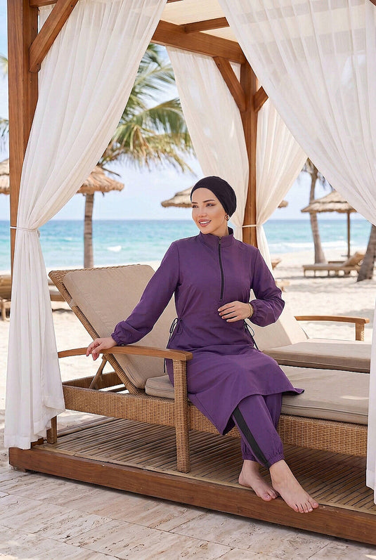 Half Zipper Adjustable Waist Modest Swimsuit Purple