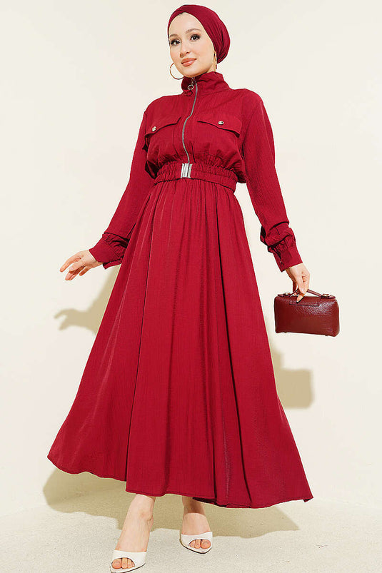 Half-Zip Elastic Waist Dress Burgundy