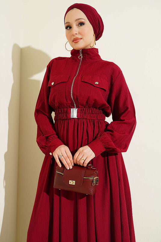 Half-Zip Elastic Waist Dress Burgundy