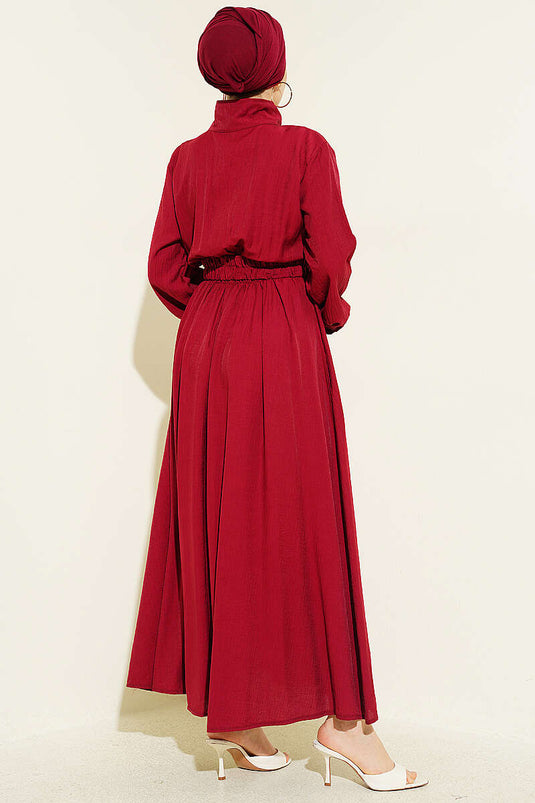Half-Zip Elastic Waist Dress Burgundy