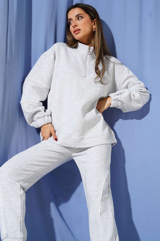 طقم مزدوج بخيط ثلاثي مع حافة وقفل نصف سحاب، رمادي ممزوج