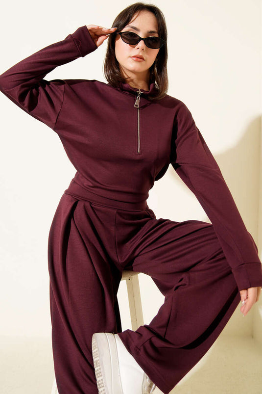Ensemble deux pièces Loisha avec chemisier à demi-zip, bordeaux