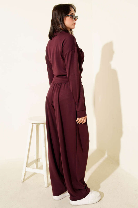 Ensemble deux pièces Loisha avec chemisier à demi-zip, bordeaux