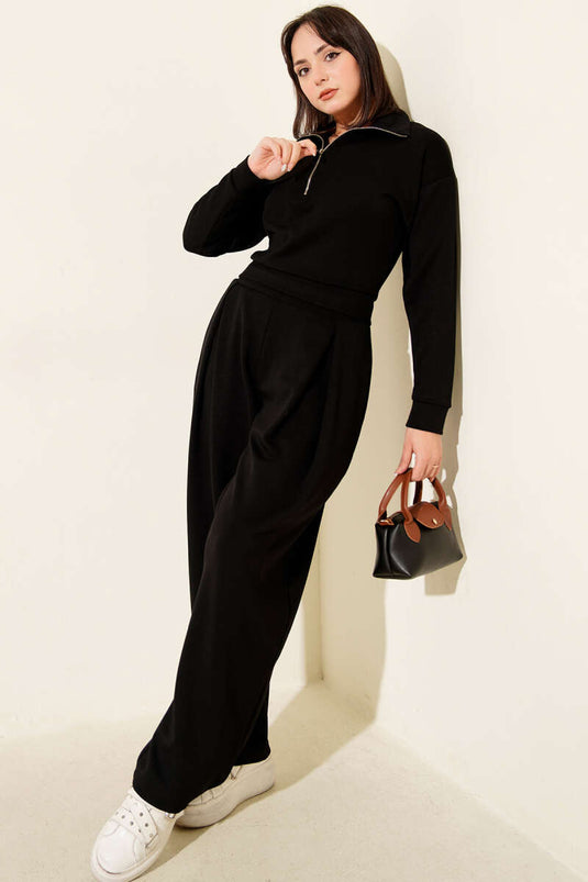 Ensemble deux pièces Loisha avec chemisier à demi-zip, noir