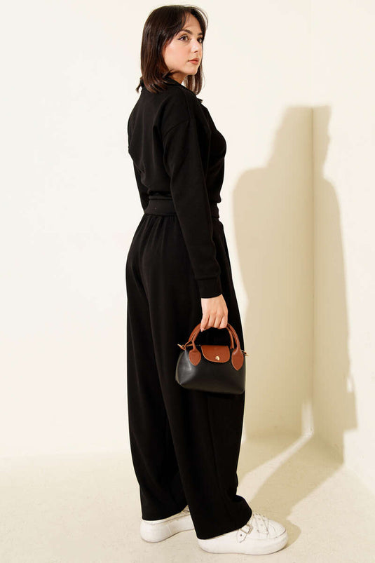 Ensemble deux pièces Loisha avec chemisier à demi-zip, noir