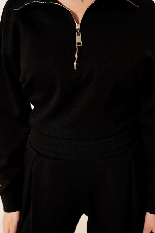 طقم لويشا من قطعتين مع بلوزة بنصف سحاب، أسود