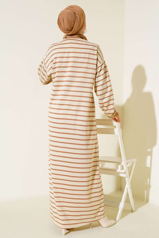 Yarım Fermuarlı  Çizgili Elbise Latte