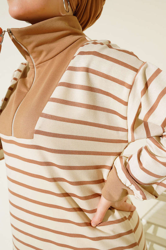Yarım Fermuarlı  Çizgili Elbise Latte