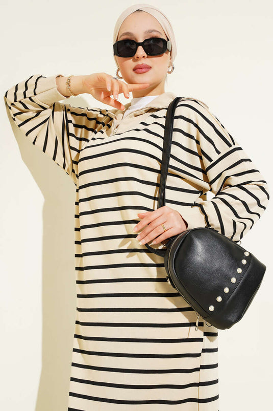 فستان كاجوال مخطط بسحاب نصف أسود