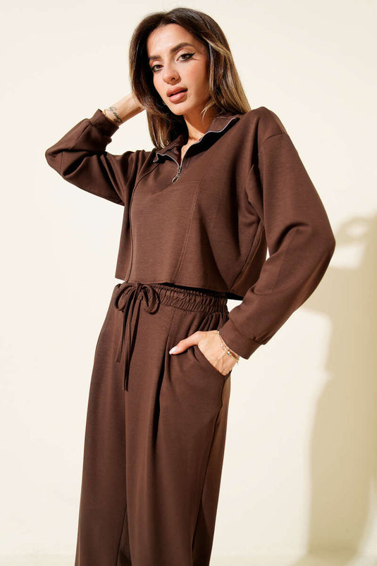Ensemble deux pièces court à demi-zip couleur café