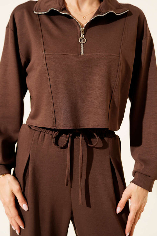 Yarım Fermuarlı Crop İkili Takım Kahve