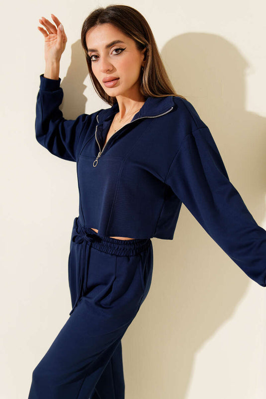 Ensemble deux pièces court à demi-zip, bleu marine