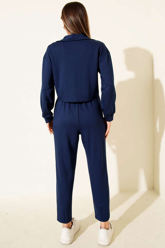 Ensemble deux pièces court à demi-zip, bleu marine