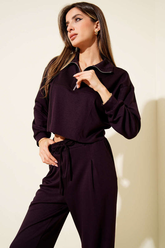 Ensemble deux pièces à demi-zip court couleur prune