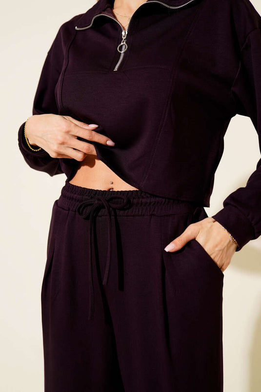 Ensemble deux pièces à demi-zip court couleur prune