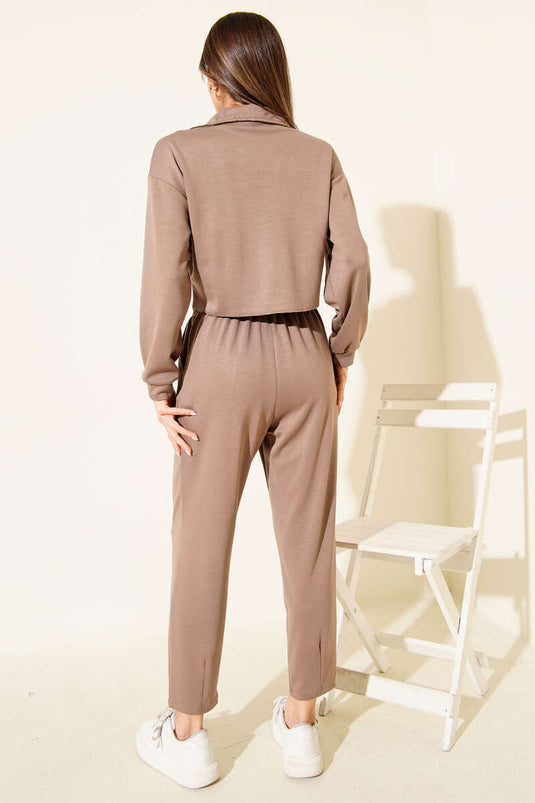 Ensemble deux pièces court à demi-zip couleur vison