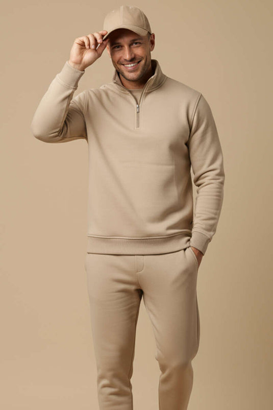 Herren-Sweatshirt mit halbem Reißverschluss, Beige